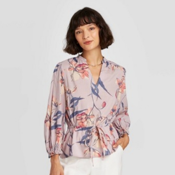a new day Tops - A New Day Floral V-Neck Women's Top - Pink and Purple, Size Medium